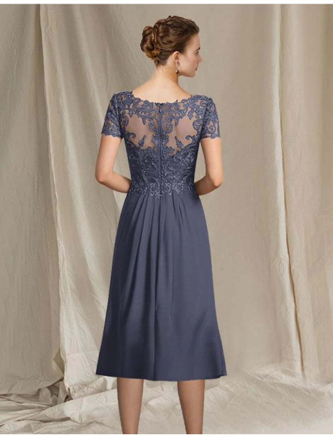 A-Line Mother of the Bride Dress Plus Size Elegant V Neck Tea Length Chiffon Lace Short Sleeve with Pleats Appliques