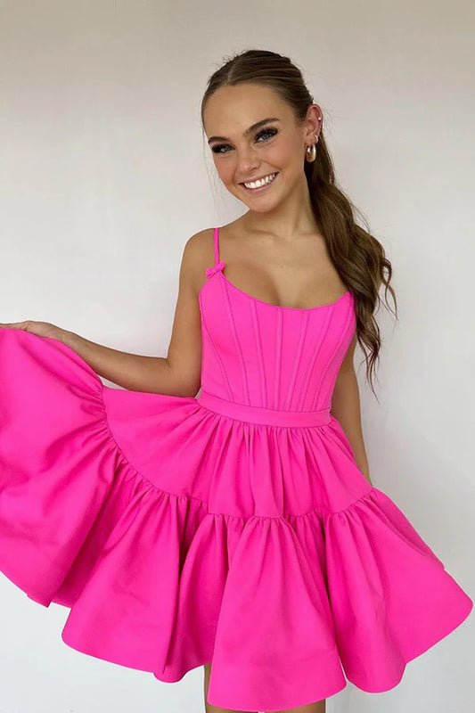 Cute A-line Spaghetti Straps Satin Pink Homecoming Dress Hot Pink Short Graduation Dress