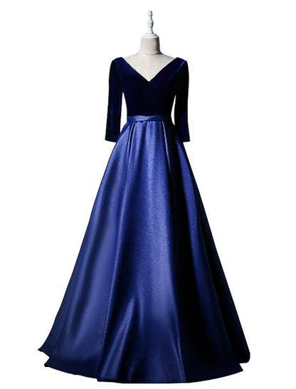 A-Line Mother of the Bride Dress Simple Elegant V Neck Floor Length Taffeta Velvet Long Sleeve with Pleats