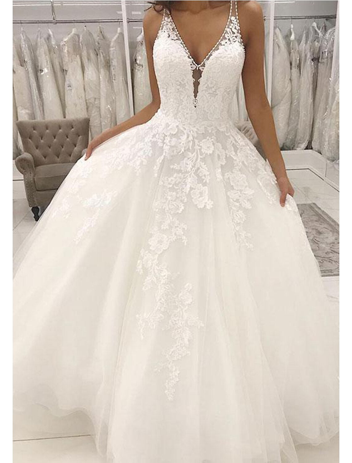 Engagement Formal Boho Wedding Dresses A-Line V Neck Sleeveless Court Train Lace Bridal Gowns With Beading Appliques