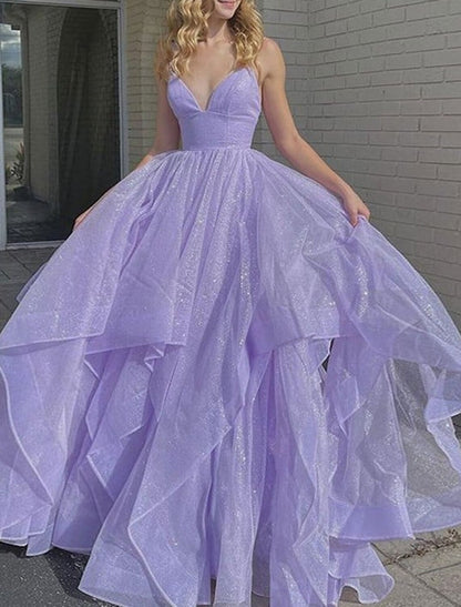 Ball Gown Prom Dresses Glittering Dress Wedding Party Birthday Court Train Sleeveless Spaghetti Strap Tulle Backless with Sequin Ruffles