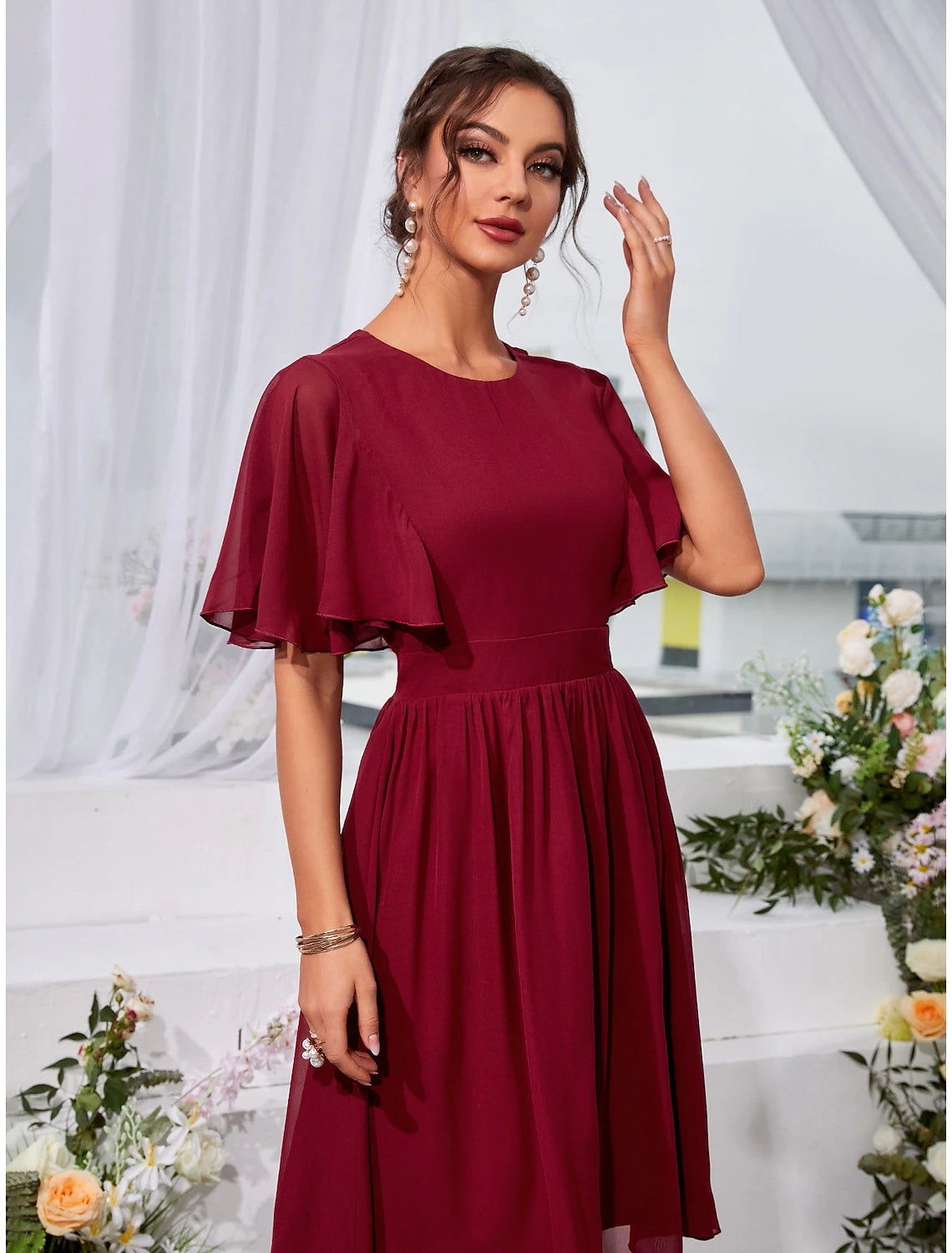 A-Line Wedding Guest Dresses Elegant Dress Holiday Graduation Knee Length Short Sleeve Jewel Neck Chiffon with Pleats Ruffles