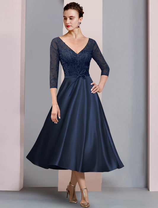 A-Line Mother of the Bride Dress Formal Wedding Guest Elegant V Neck Tea Length Satin Lace 3/4 Length Sleeve with Bow(s) Appliques