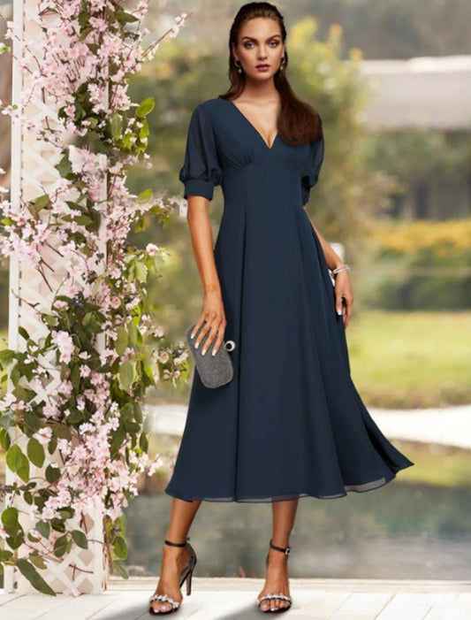 Sheath / Column Mother of the Bride Dress Minimalist Elegant V Neck Tea Length Satin Short Sleeve with Ruching Solid