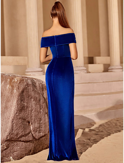 Blue Sheath / Column Party Dresses Elegant Dress Party Wear Floor Length Short Sleeve Off Shoulder Velvet with Ruched Slit