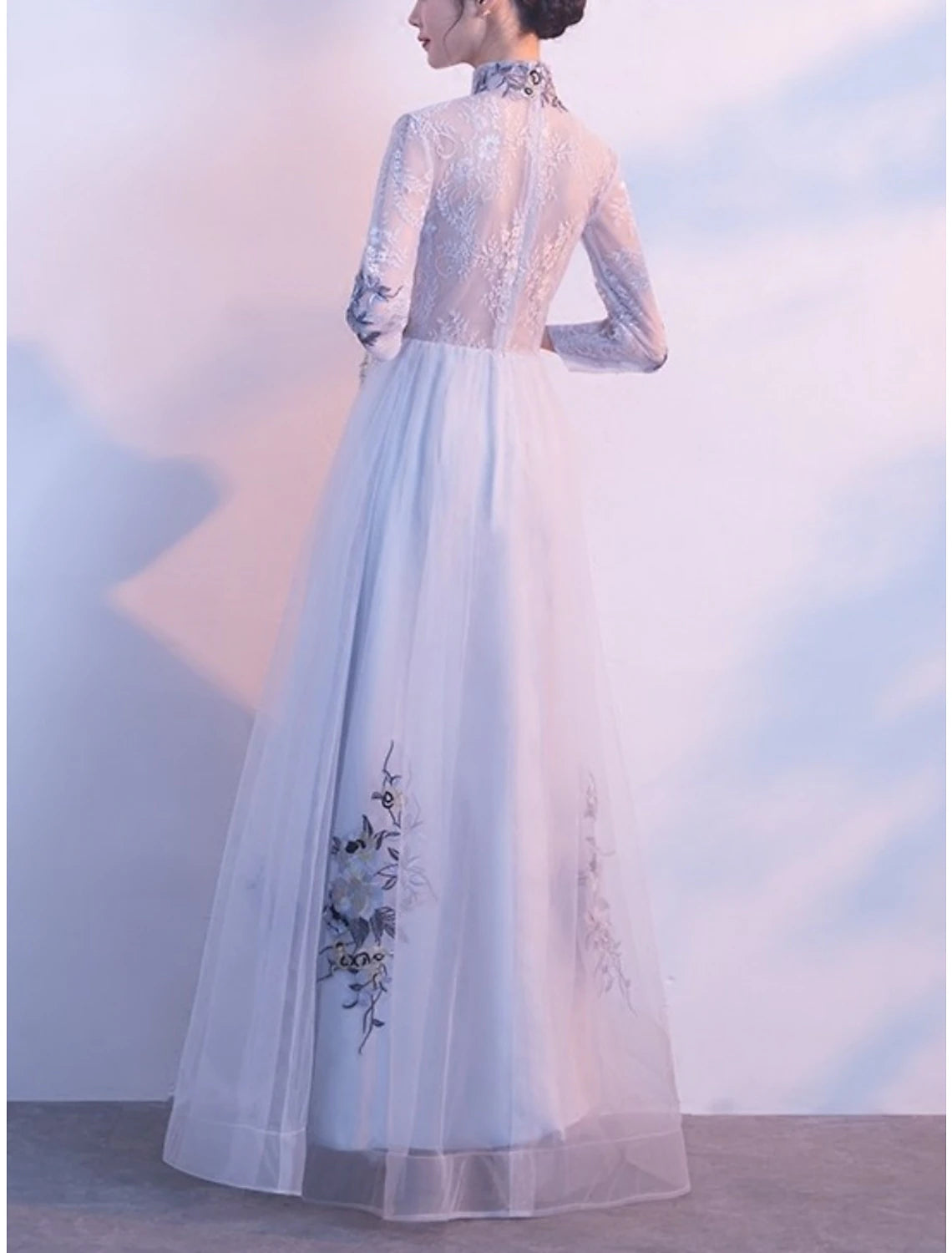 A-Line Mother of the Bride Dress Wedding Guest Elegant Vintage Petite V Neck Ankle Length Tulle 3/4 Length Sleeve with Embroidery