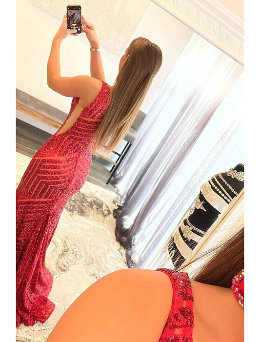 Sheath / Column Prom Dresses Backless Dress Evening Party Prom Sweep / Brush Train Sleeveless One Shoulder Sequined Backless with Sequin