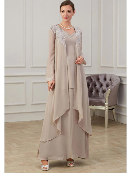 A-Line Mother of the Bride Dress Wedding Guest Elegant Jewel Neck Floor Length Chiffon Long Sleeve Jacket Dresses with Appliques