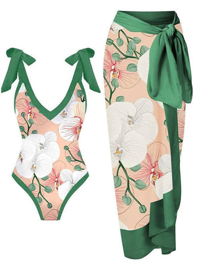 2 pcs Swimwear Cover Up Swimsuits Retro Vintage 1980s Women's Floral Polyester Green Skirt One-piece Swimswuit