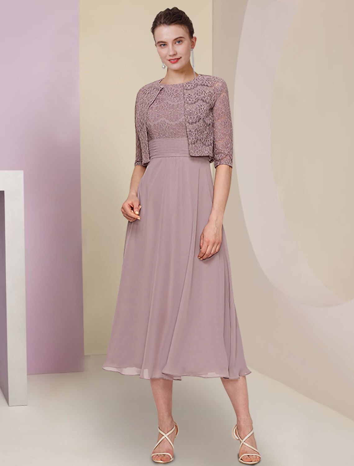 Two Piece Mother of the Bride Dress Wedding Guest Church Elegant Jewel Neck Tea Length Chiffon Lace Half Sleeve with Solid