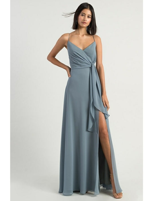 A-Line Bridesmaid Dress Spaghetti Strap Sleeveless Open Back Floor Length Chiffon with Split