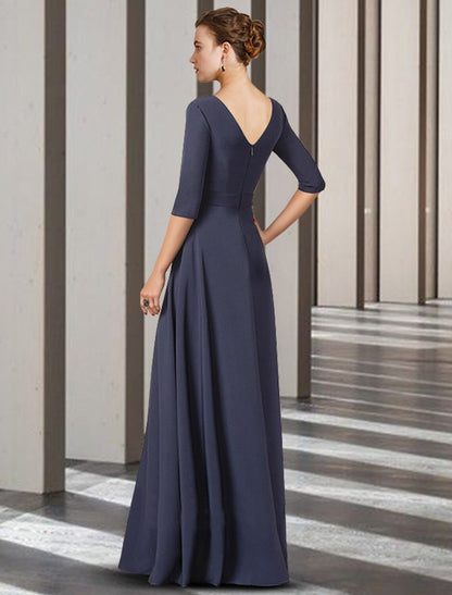 Sheath / Column Mother of the Bride Dress Elegant V Neck Floor Length Stretch Chiffon Half Sleeve with Bow(s) Pleats