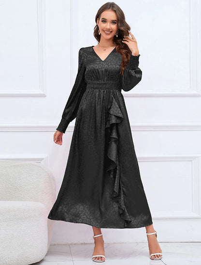 A-Line Party Dresses Elegant Dress Formal Fall Ankle Length Long Sleeve V Neck Satin with Ruffles Print