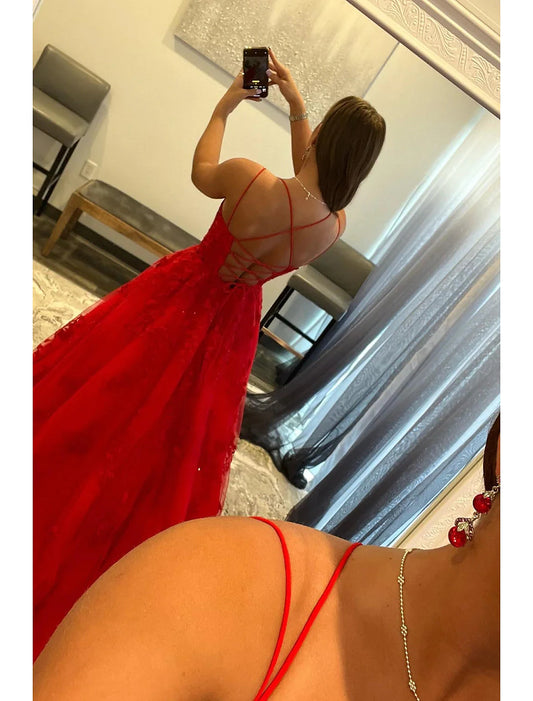 A-Line Prom Dresses Backless Dress Wedding Guest Evening Party Floor Length Sleeveless Spaghetti Strap Royal Style Tulle Backless with Crystals Appliques