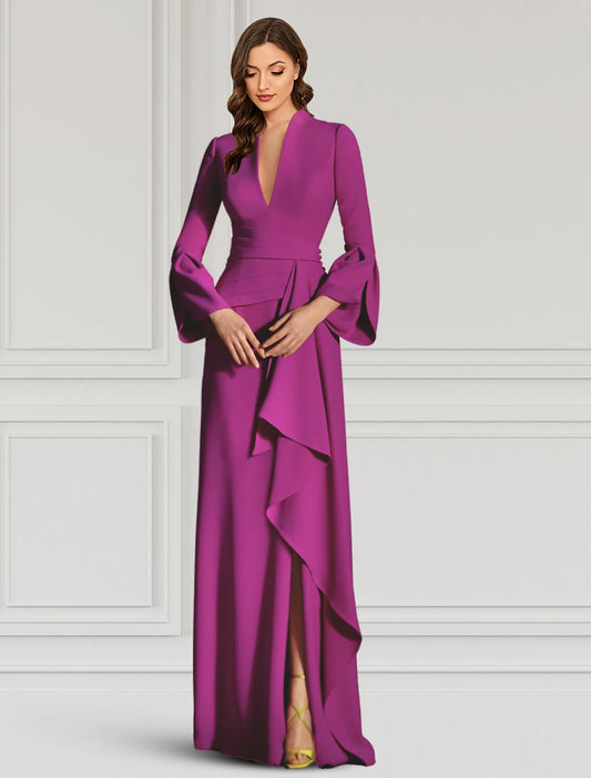 Sheath / Column Evening Gown Elegant Dress Formal Cocktail Party Dress Floor Length Long Sleeve V Neck Fall Wedding Guest Stretch Fabric with Ruffles