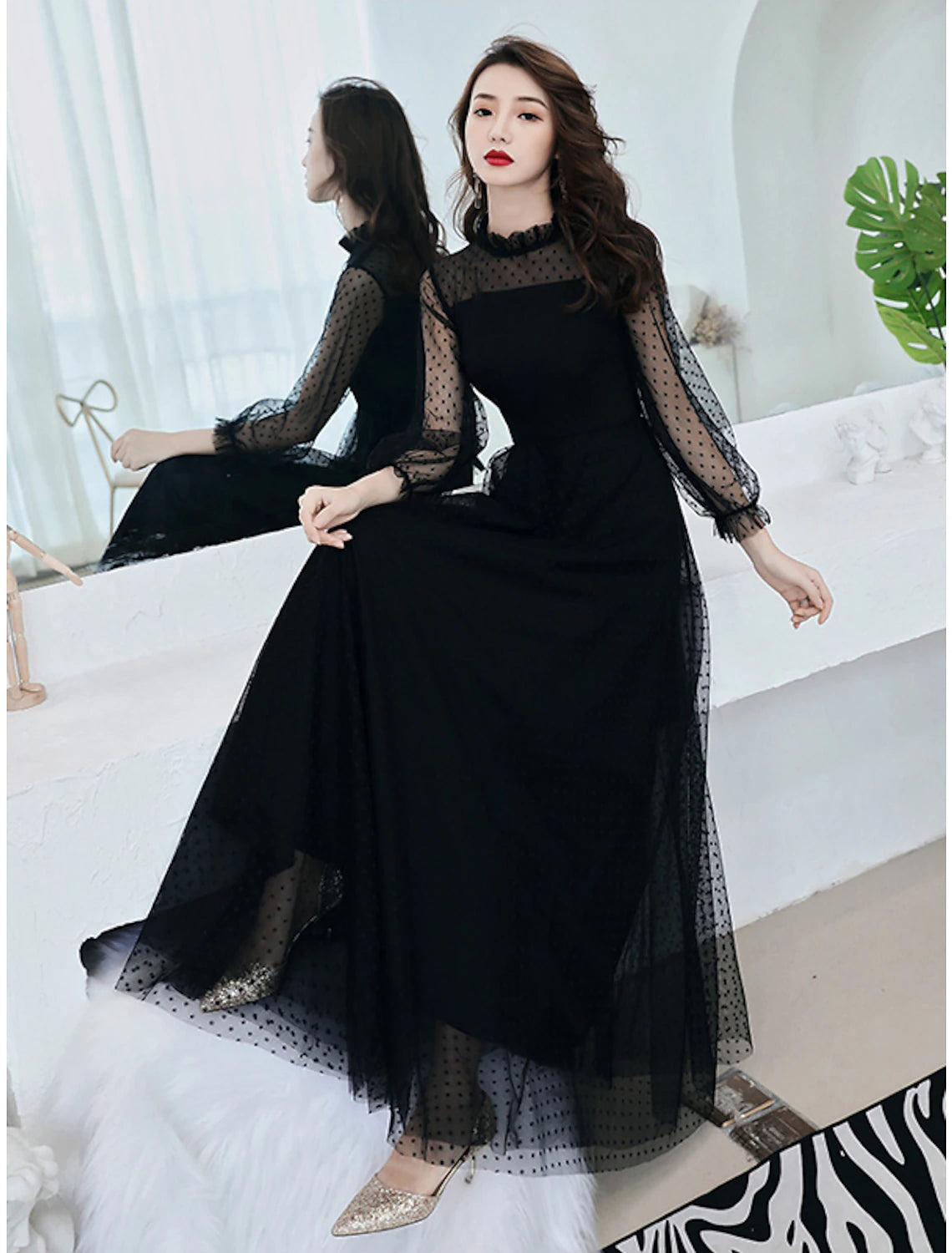 A-Line Black Dress Elegant Party Wear Prom Dress High Neck Long Sleeve Floor Length Lace with Ruffles