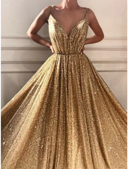 A-Line Prom Dresses Elegant Dress Formal Court Train Christmas Red Green Dress Sleeveless Spaghetti Strap Sequined with Glitter Pleats