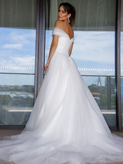 A-Line/Princess Sleeveless Tulle Off-the-Shoulder Ruched Sweep/Brush Train Wedding Dresses