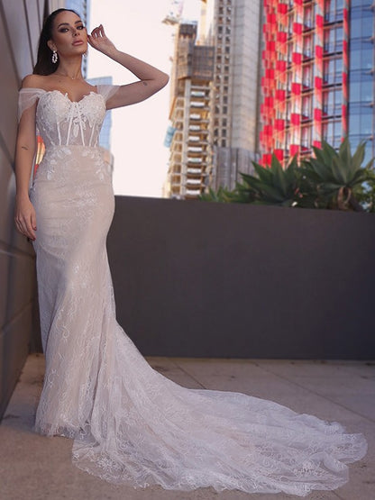 Sheath/Column Lace Sleeveless Off-the-Shoulder Applique Court Train Wedding Dresses