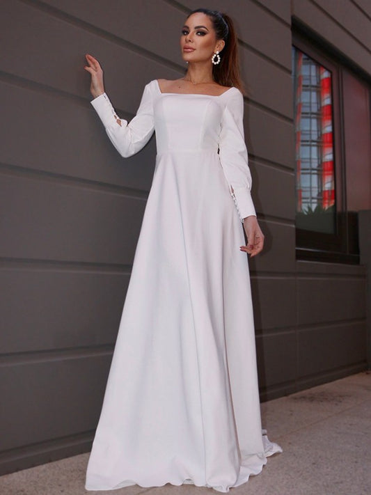 A-Line/Princess Stretch Crepe Ruffles Long Sleeves Square Sweep/Brush Train Wedding Dresses