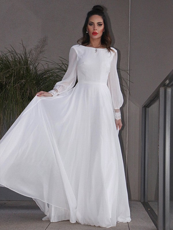 A-Line/Princess Chiffon Ruffles Long Sleeves Scoop Sweep/Brush Train Wedding Dresses