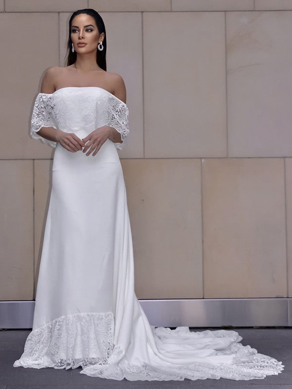 Sheath/Column Lace Ruffles Off-the-Shoulder Short Sleeves Chapel Train Wedding Dresses