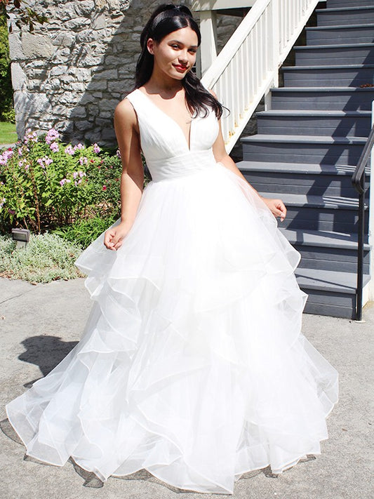 Ball Gown Organza Ruffles V-neck Sleeveless Floor-Length Wedding Dresses