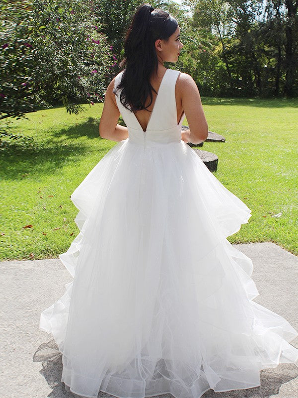 Ball Gown Organza Ruffles V-neck Sleeveless Floor-Length Wedding Dresses