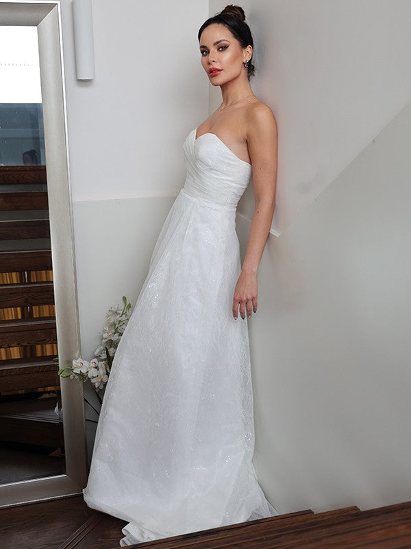 A-Line/Princess Ruched Sweetheart Sleeveless Sweep/Brush Train Wedding Dresses