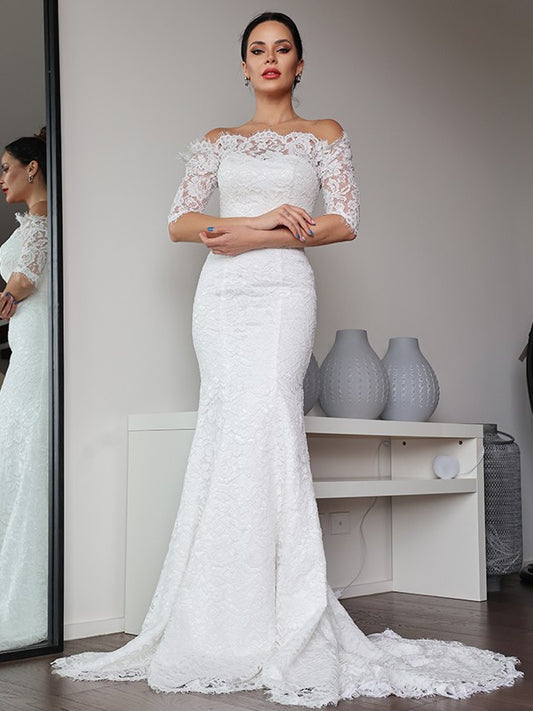 Sheath/Column Lace Ruffles Off-the-Shoulder 1/2 Sleeves Sweep/Brush Train Wedding Dresses