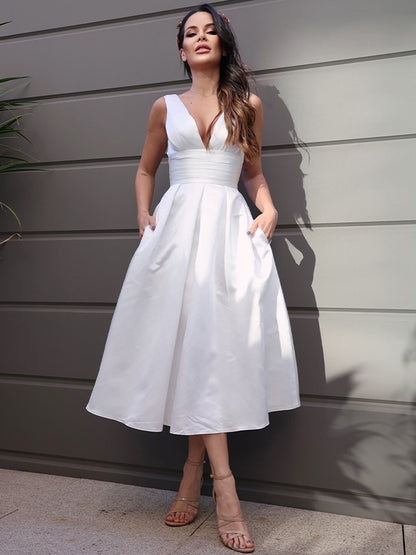 A-Line/Princess Satin Ruched V-neck Sleeveless Tea-Length Wedding Dresses