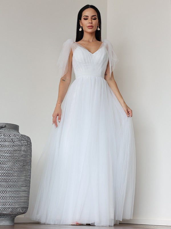 A-Line/Princess Tulle Ruffles V-neck Sleeveless Floor-Length Wedding Dresses