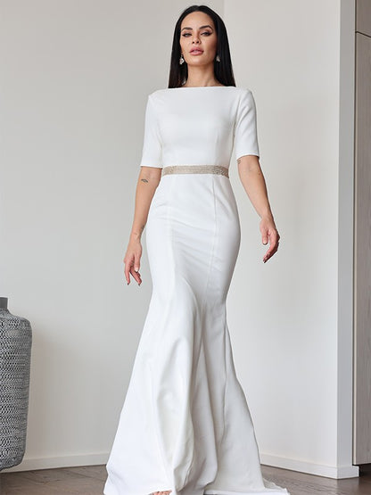 Sheath/Column Stretch Crepe Ruched Scoop 1/2 Sleeves Sweep/Brush Train Wedding Dresses