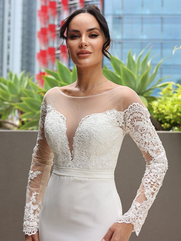 Sheath/Column Stretch Crepe Lace Scoop Long Sleeves Sweep/Brush Train Wedding Dresses