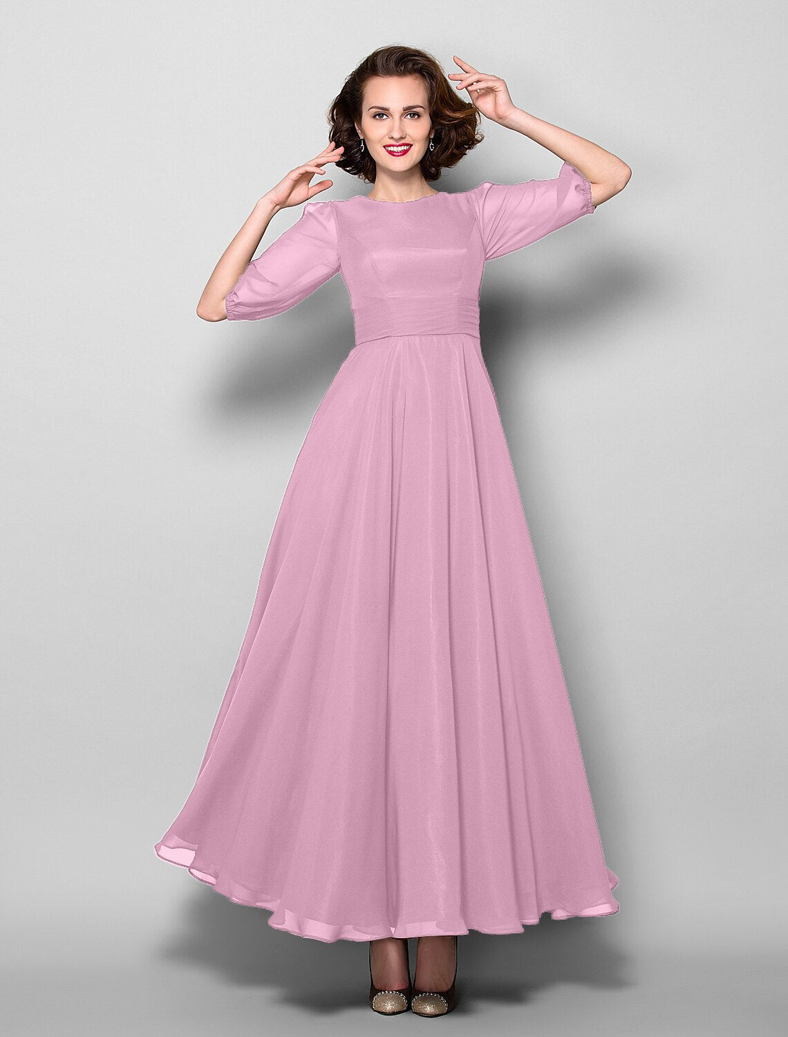 A-Line Mother of the Bride Dress Elegant Jewel Neck Ankle Length Chiffon Half Sleeve with Sash / Ribbon Ruched