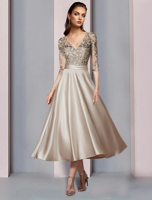 A-Line Mother of the Bride Dress Wedding Guest Elegant V Neck Tea Length Satin Lace Half Sleeve with Pleats Appliques