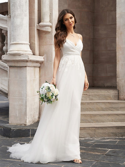 A-Line/Princess V-neck Tulle Sleeveless Applique Sweep/Brush Train Wedding Dresses