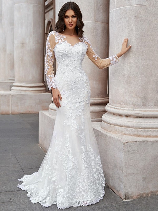 Trumpet/Mermaid Tulle Applique Scoop Long Sleeves Sweep/Brush Train Wedding Dresses