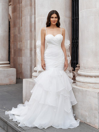 Trumpet/Mermaid Layers Spaghetti Straps Organza Sleeveless Sweep/Brush Train Wedding Dresses