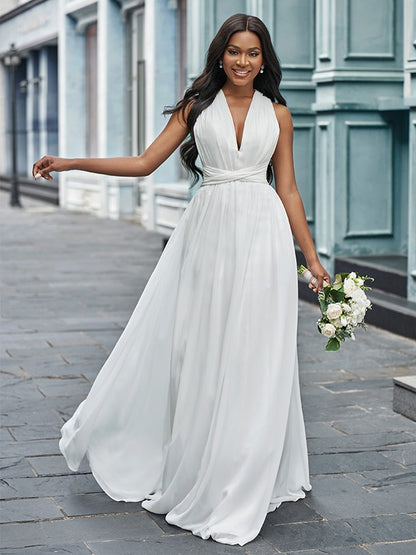 A-Line/Princess Chiffon Halter Ruched Sleeveless Floor-Length Wedding Dresses