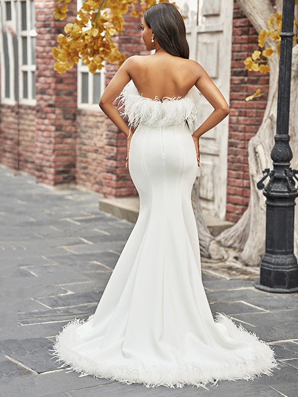 Trumpet/Mermaid Strapless Stretch Crepe Feathers/Fur Sleeveless Sweep/Brush Train Wedding Dresses