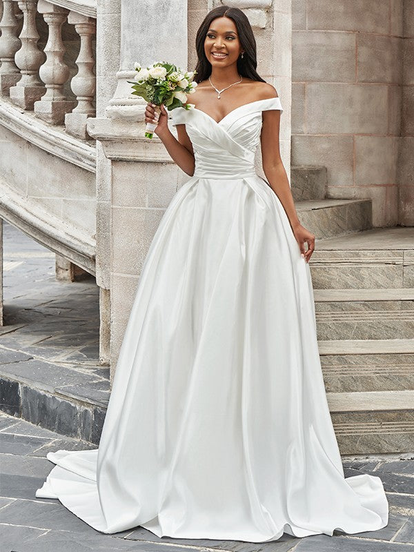 A-Line/Princess Off-the-Shoulder Ruched Sleeveless Satin Court Train Wedding Dresses