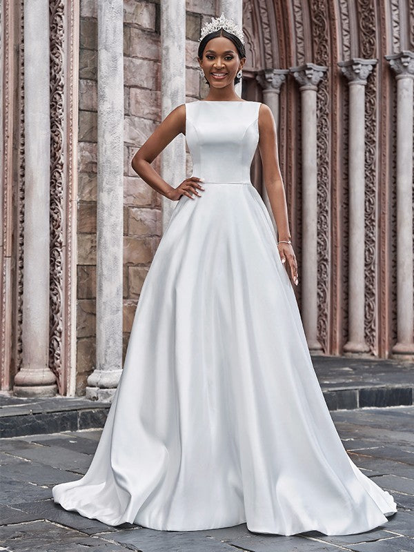 A-Line/Princess Satin Bateau Ruffles Sleeveless Sweep/Brush Train Wedding Dresses