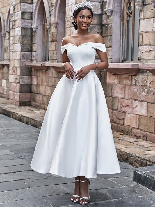 A-Line/Princess Satin Ruffles Off-the-Shoulder Sleeveless Ankle-Length Wedding Dresses