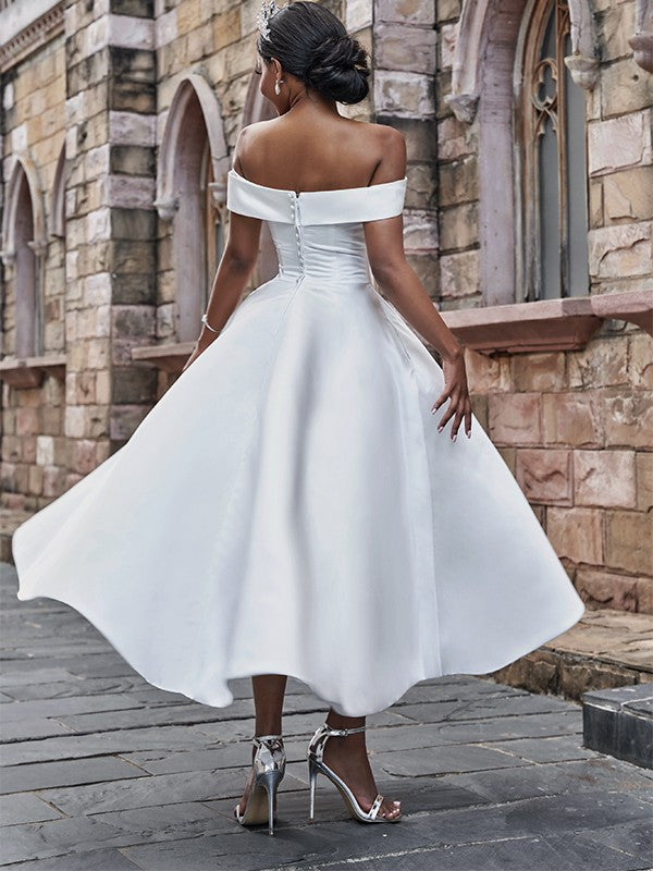 A-Line/Princess Satin Ruffles Off-the-Shoulder Sleeveless Ankle-Length Wedding Dresses