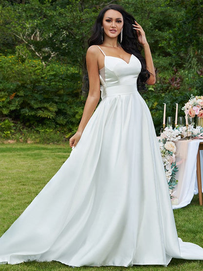 A-Line/Princess Satin Bowknot V-neck Sleeveless Sweep/Brush Train Wedding Dresses