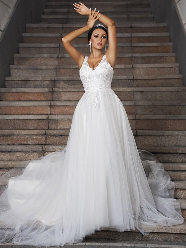 A-Line/Princess Tulle Applique V-neck Sleeveless Court Train Wedding Dresses