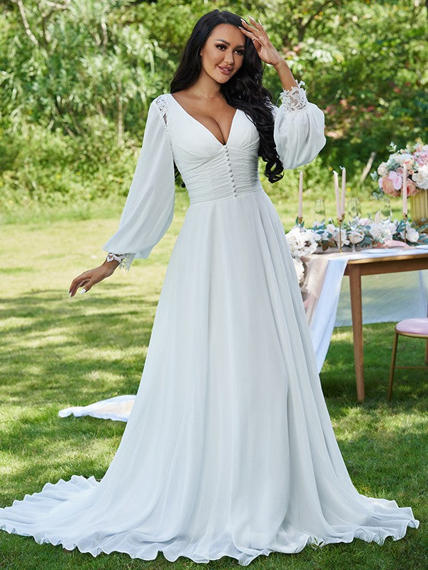 A-Line/Princess Chiffon Ruffles V-neck Long Sleeves Sweep/Brush Train Wedding Dresses