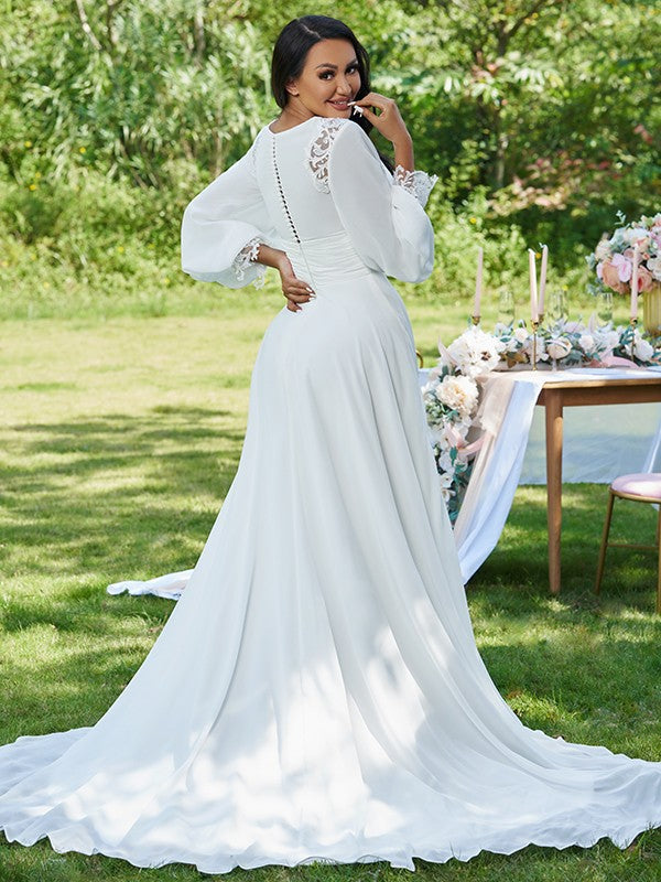 A-Line/Princess Chiffon Ruffles V-neck Long Sleeves Sweep/Brush Train Wedding Dresses