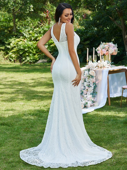 Trumpet/Mermaid Lace Ruffles Scoop Sleeveless Sweep/Brush Train Wedding Dresses